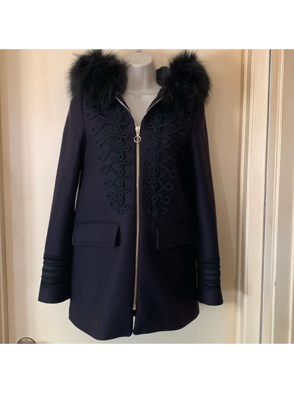 Zara black military style wool jacket with detachable faux fur hood size XS